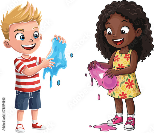 Happy boy and girl playing colorful blue and pink slime together fun messy sensory activity children entertainment cartoon vector illustration
