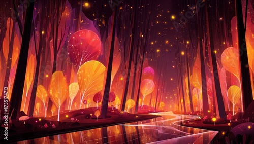 A magical forest at night, illuminated by bioluminescent flora.