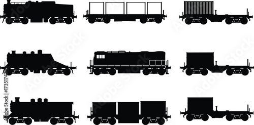 Freight train vector, cargo wagon illustration, railway transport silhouette, locomotive and container rail car design, heavy cargo transport graphic