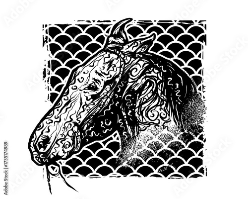 Intricate black and white horse head design with decorative swirls and scale background
