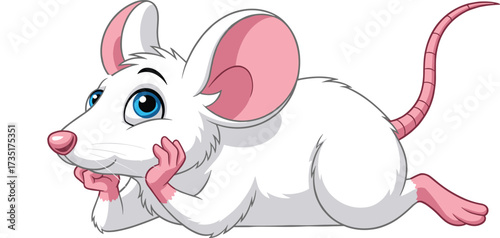 Cartoon white mouse lying down with pink ears and tail, blue eyes, relaxed pose, isolated vector illustration for kids content