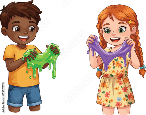 Happy boy and girl playing colorful slime together having fun creative sensory activity cheerful kids enjoying sticky toy vector illustration design