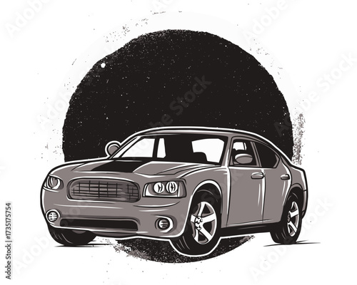 Vector Illustration of Modern Car with Circular Background in Monochrome Style