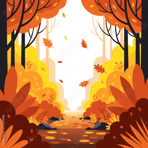 Vibrant Autumn Forest Path Background with Falling Leaves – A Beautiful Fall Nature Scene Illustration Featuring a Cozy Woodland Trail