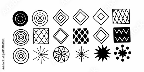 Collection of geometric shapes including circles squares diamonds and starbursts in black and white on transparent background