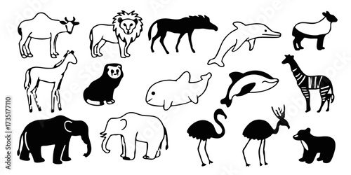 Collection of various animal illustrations including mammals and birds in black and white outlines on transparent background