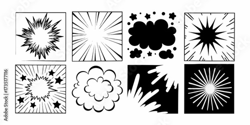 Collection of eight comic book style explosion effects in black and white square panels layout design on transparent background