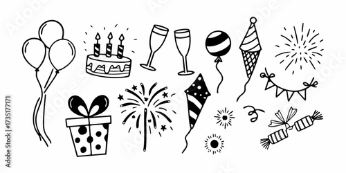 A doodle style illustration of party elements including cake gift balloons and party favors and fireworks on transparent background