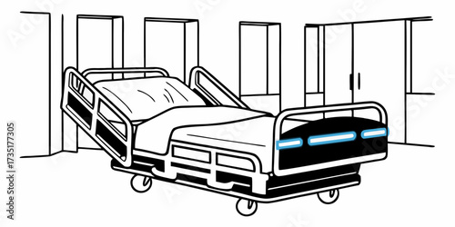 Illustration of a hospital bed with railings and wheels in a room with doors and cabinets inside a clinic on transparent background