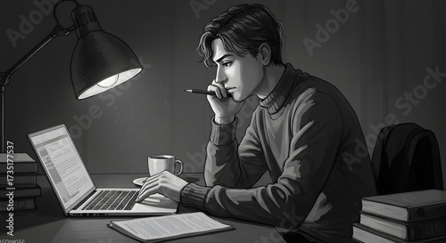 Student studies late night with laptop and lamp