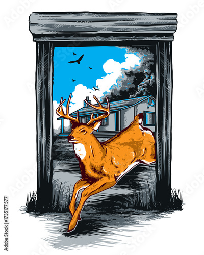 Vector Illustration of Deer Leaping Through Rustic Window Frame in Nature Scene with Bold Colors and Stylized Design Style