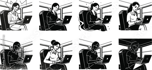 Businesswoman working on laptop, female professional using computer, office worker on train, modern technology, travel work lifestyle, productivity, communication, success