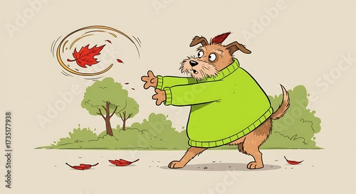 Cute cartoon dog in green sweater surprised by swirling autumn leaf in windy fall weather
