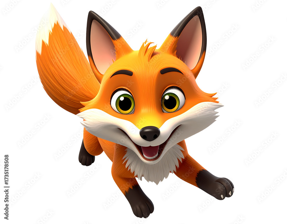 Obraz premium Top-Down View of 3D Cartoon Fox Sneaking, Minimalist Style, Isolated