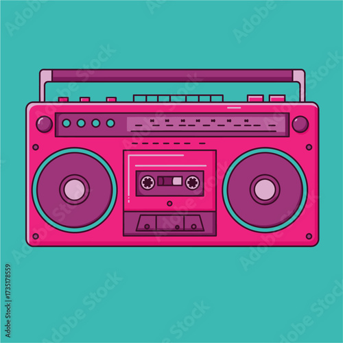 A vibrant pink and purple retro boombox illustration with a cassette player on a teal background.