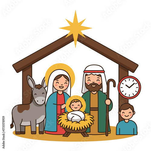 Cartoon nativity with holy family and donkey