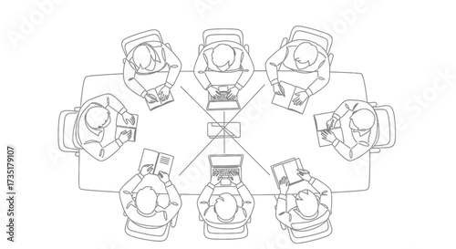 Overhead view of a business meeting with eight people seated around a table, using laptops.