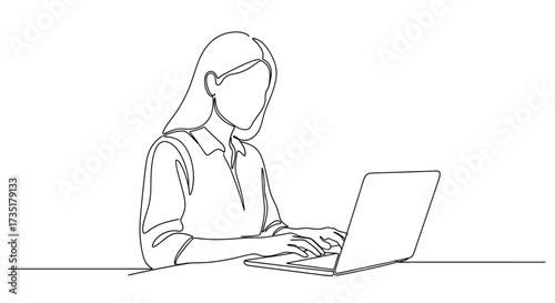 Line drawing depicts a woman sitting and working on a laptop computer.