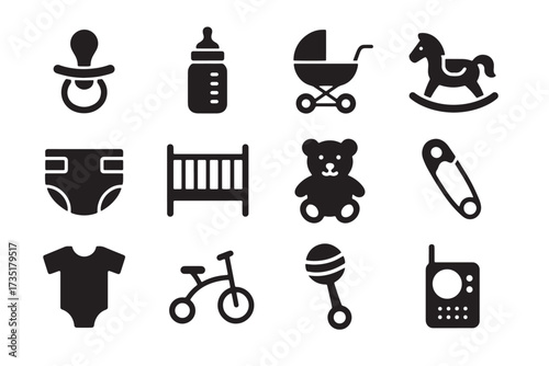 Minimalist Flat Vector Icons of Baby Essentials and Toys, Clean Silhouette Line Style in Dark Grey on White Background