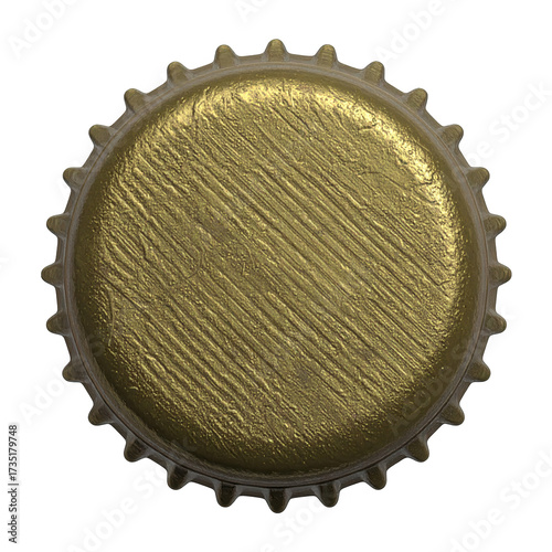 Detailed top-down shot presents a golden-colored, textured bottle cap set against a stark black backdrop, showcasing its intricate design with a subtle light gradient for a touch of depth and realism.