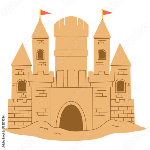 Brown sand castle build in sand on the beach with red flags on top
