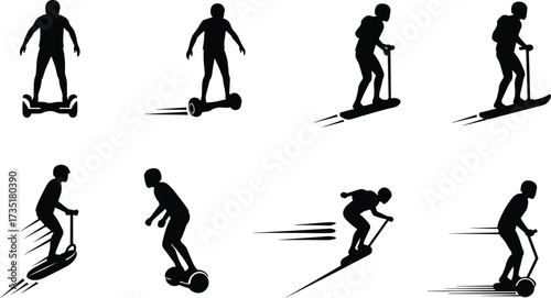 Hoverboard and electric scooter silhouettes, personal mobility riders, futuristic urban commute, self-balancing transport, modern lifestyle design, fast motion sports illustrationHoverboard and 