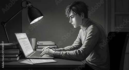 Young man studying late at night using laptop