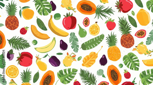 Pattern of assorted fruits and tropical leaves on white. Suitable for summer designs, packaging, and kitchen decor. Bright and vibrant.