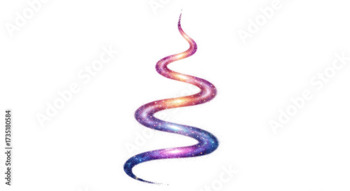 Abstract sparkling glitter trail in vibrant pink, purple, and blue gradient, forming an ethereal swirling cosmic wave or magical spiral shape against a clean white background, perfect for design eleme