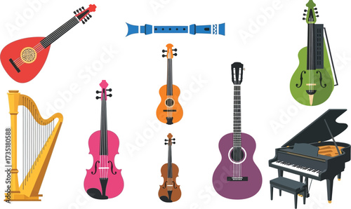 Musical instruments collection vector art illustration set