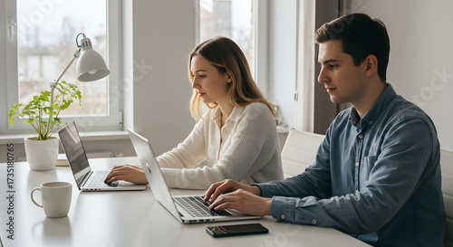 Couple working from home on laptops together