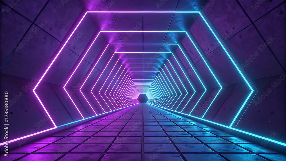 Obraz premium Glowing Holographic Tunnel with Neon Blue and Purple