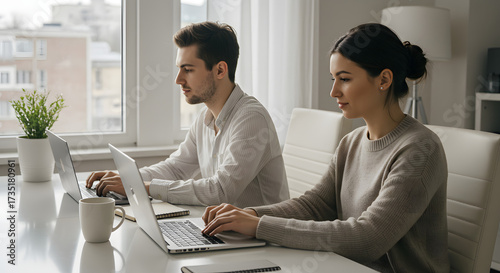 Couple working from home using laptops together