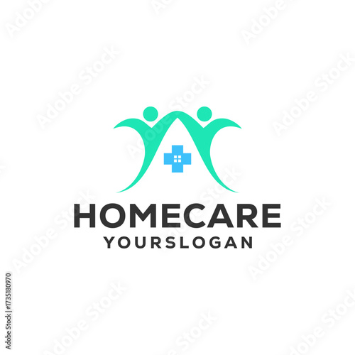 Modern Homecare Logo Design Featuring Abstract People and a Medical Cross Symbol