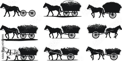 Horse cart silhouette, traditional transport, farm wagon illustration, vintage rural carriage, agriculture vehicle, hay load wagon, countryside horse drawn carriage