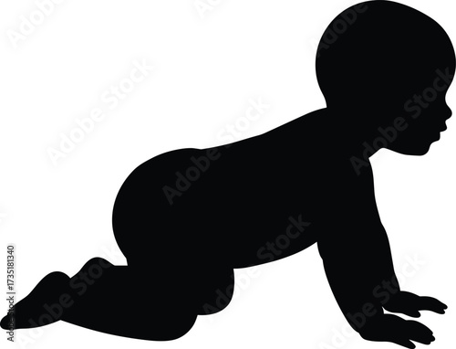 Baby silhouette crawling on floor, infant growth posture, toddler movement illustration, newborn development vector, black outline child design, isolated shape