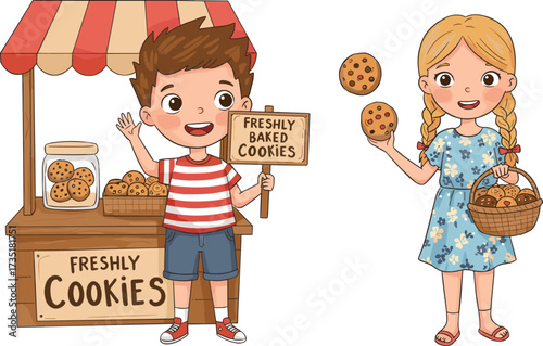 Happy kids selling and holding freshly baked chocolate chip cookies at cute market stand cartoon vector illustration bakery snack design