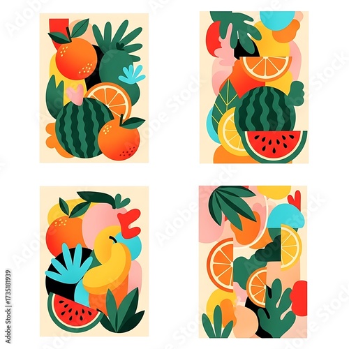 Vibrant abstract tropical fruit and cactus collage art