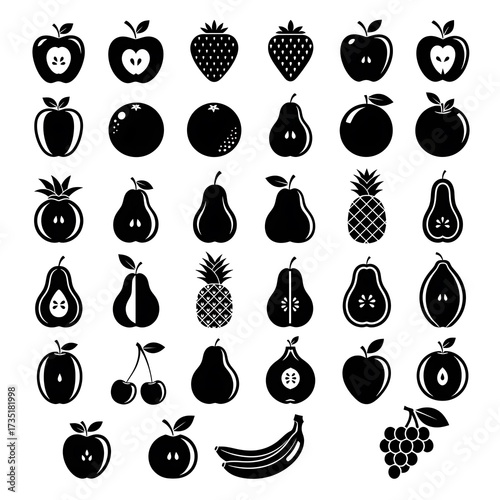 Collection of hand drawn fruit icons in black and white
