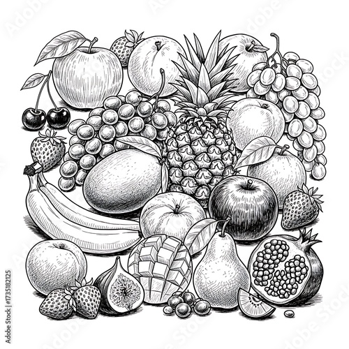 Detailed black and white illustration of a bountiful assortment of fresh fruits