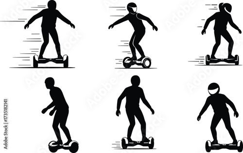 Hoverboard rider silhouette, electric scooter balance, self balancing board, futuristic transport vector, personal mobility illustration, sports activity, urban commute design