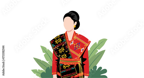 Cultural Celebration, Woman Batak Toba in Traditional Attire, Lush Greenery, Illustration, Outdoor, Portrait, Heritage