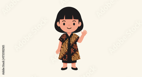 Young Girl in Traditional Attire, Studio Setting, Illustration, Joyful Vibe, Java Batik