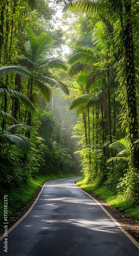Fototapeta premium Tropical Rainforest Road Through Lush Trees.