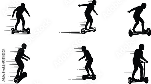 Hoverboard riders silhouette, electric scooter vector, fast motion balance board, futuristic urban transport, personal mobility design, modern commute sports activity illustration