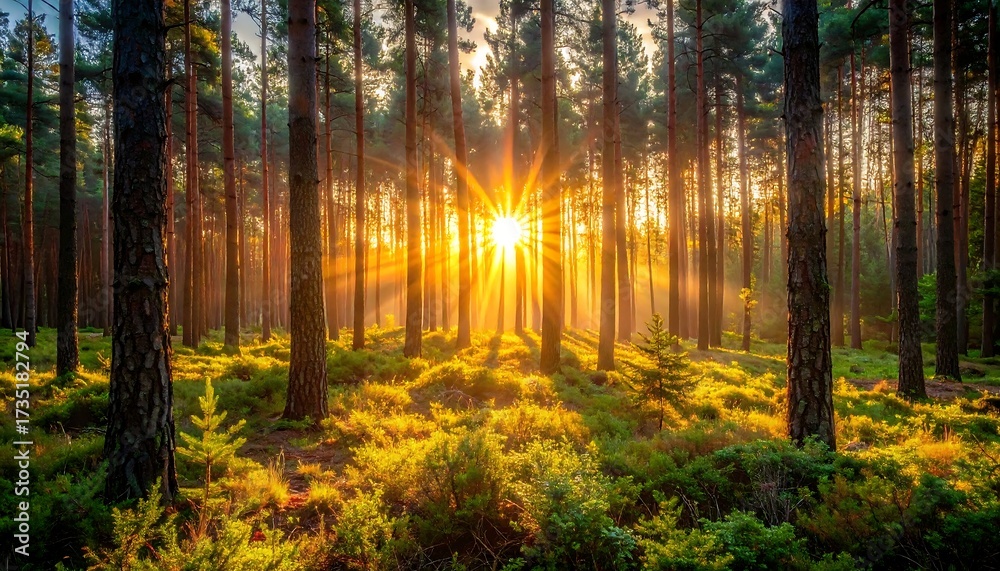 Fototapeta premium Sunburst through dense pines