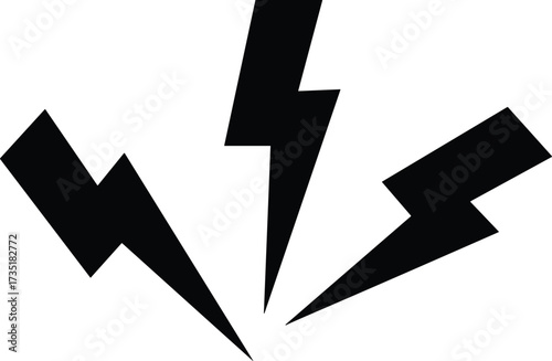 Black lightning bolt icon, electric power symbol, electricity energy logo, thunder flash design, warning danger sign, high voltage vector