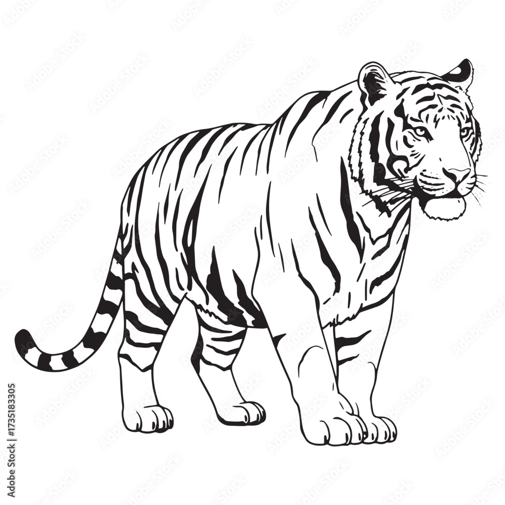 Fototapeta premium Black and White Line Drawing of a Standing Tiger animal