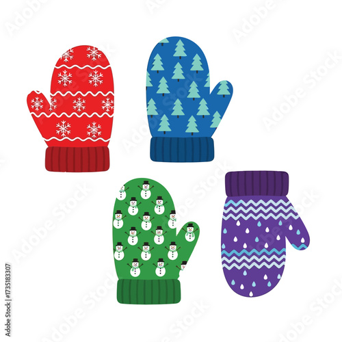Four mittens with different winter patterns: snowflakes, trees, and snowmen, isolated on a white background.