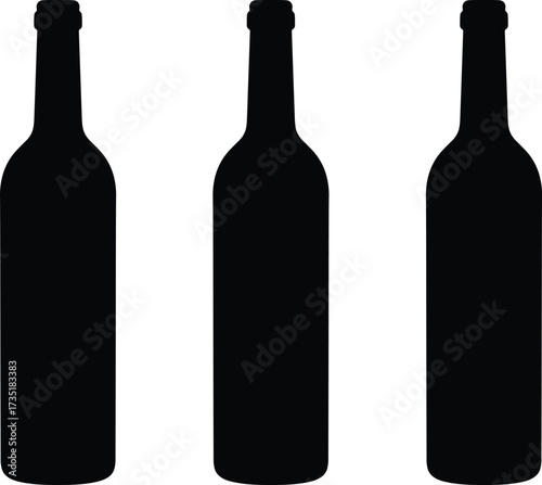 Black silhouette of three glass beer bottles isolated on white background, alcohol drink container, beverage packaging design, vector illustration